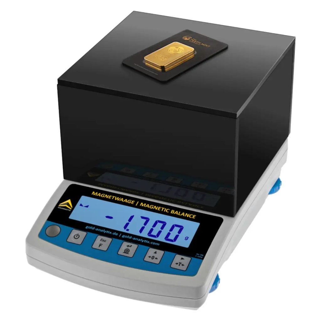 Sử dụng cân MagneticScreenScale để kiểm tra thỏi vàng đầu tư và phát hiện lõi giả.