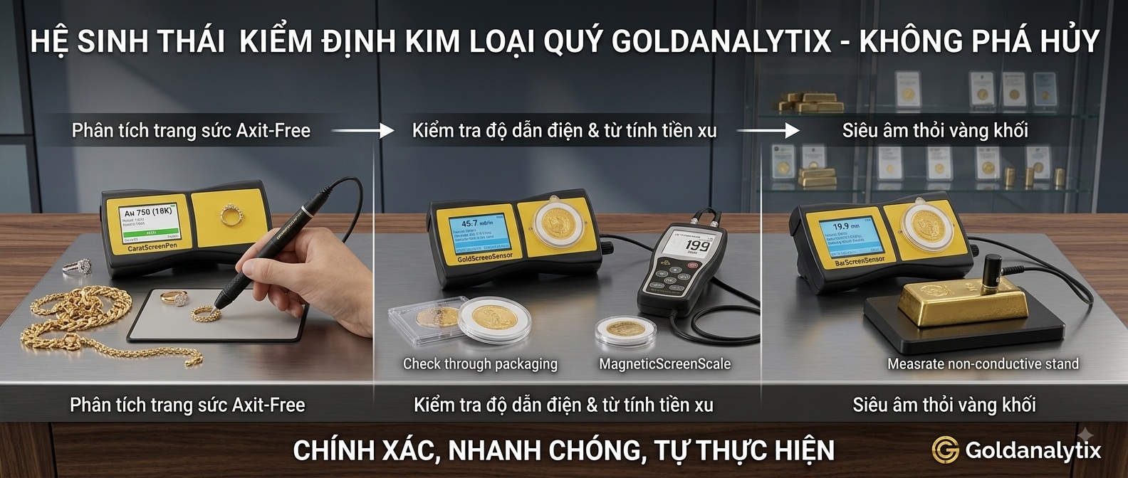 Hệ sinh thái thiết bị kiểm định vàng và kim loại quý Goldanalytix không phá hủy, bao gồm máy đo tuổi vàng, máy kiểm tra từ tính và siêu âm do BK Technologies & Partners phân phối.